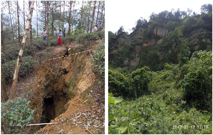 图3-6b 树木倾倒、地面下陷，裂缝加长、加宽